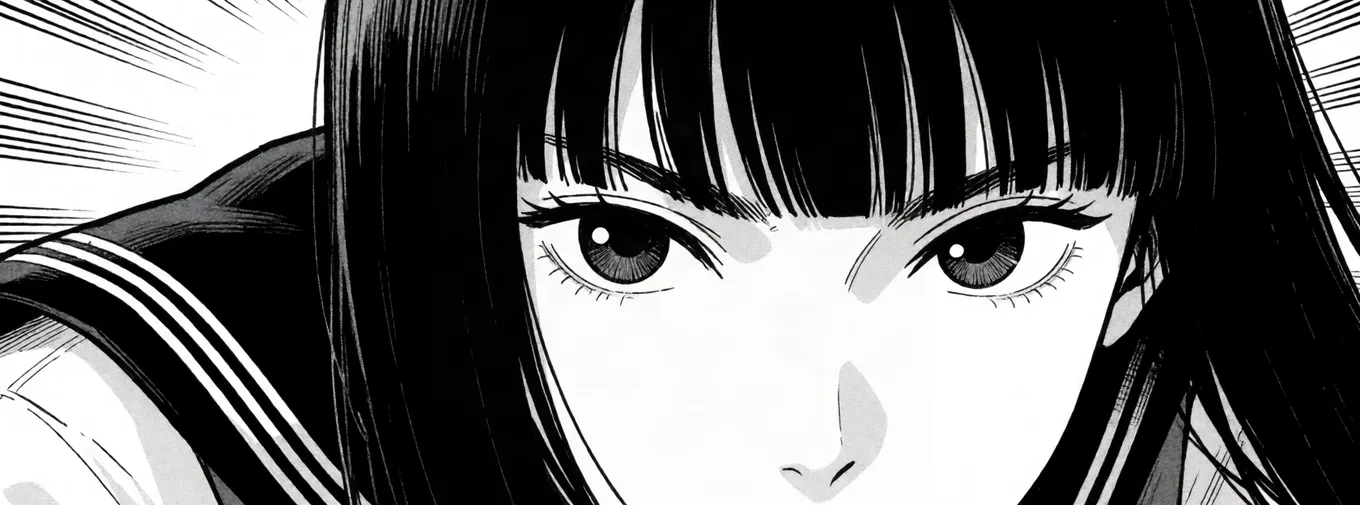 Manga panel: a close-up of Aiko's eyes narrowing, with speed lines