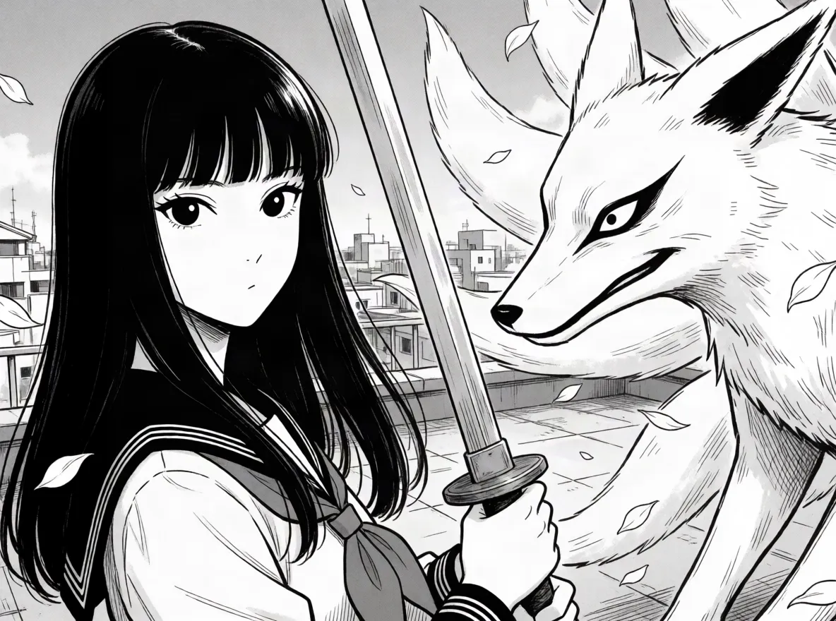 Manga panel: Aiko raising her wooden sword toward the fox spirit