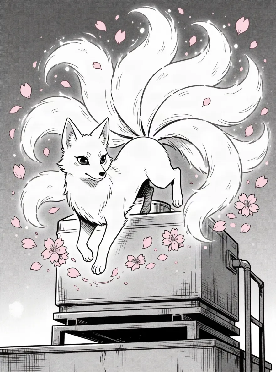 Manga panel: a nine-tailed white fox spirit appearing in cherry blossom petals