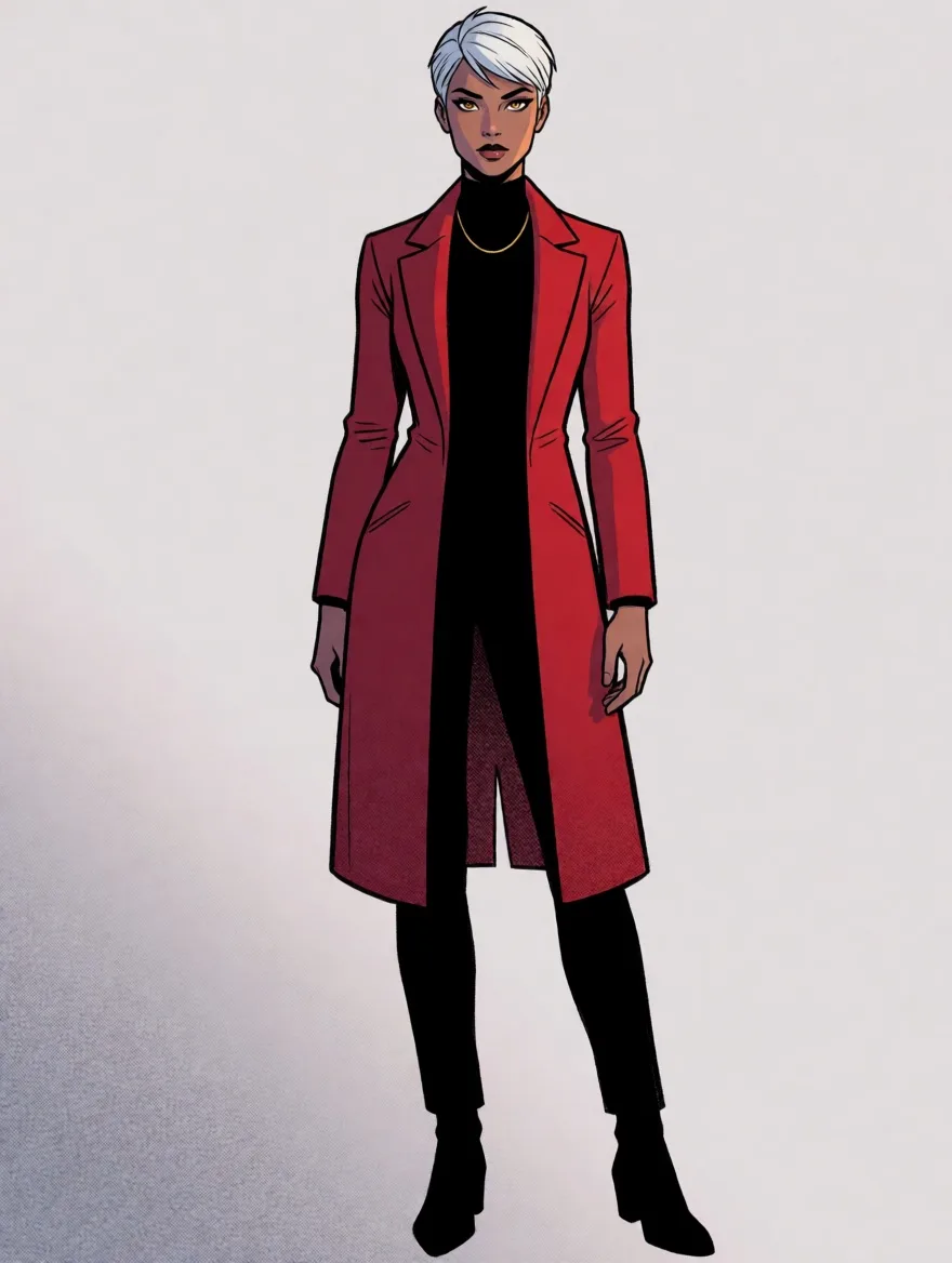 Mara standing, full length, in a long crimson coat