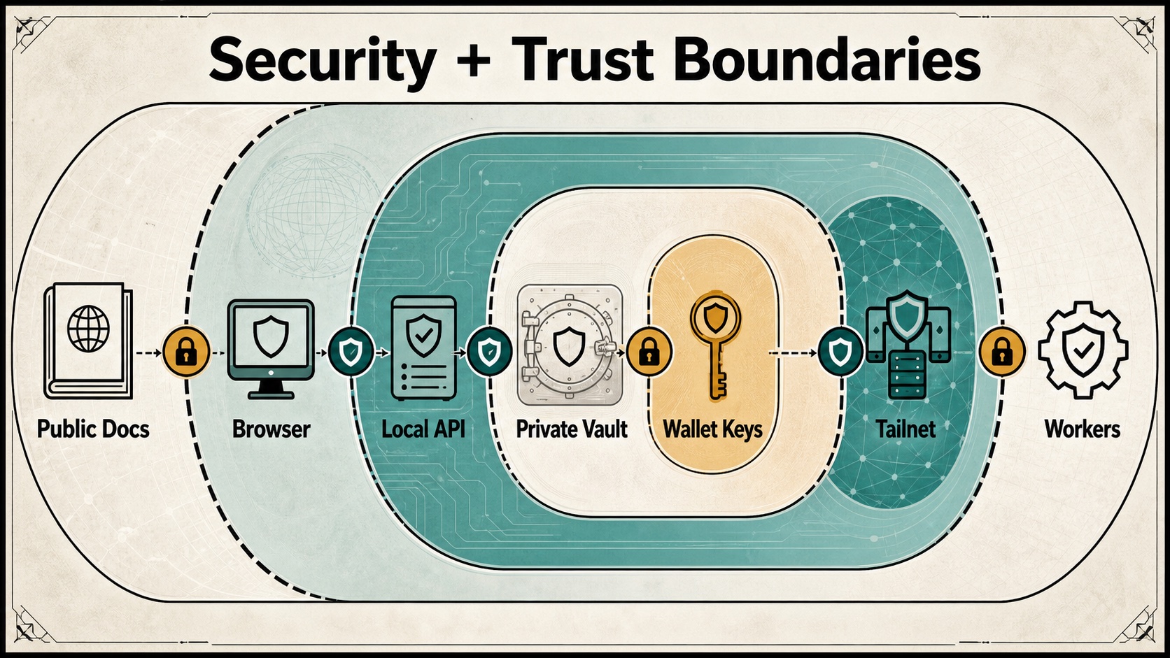 Generated security and trust boundaries infographic showing Public Docs, Browser, Local API, Private Vault, Wallet Keys, Tailnet, and Workers.