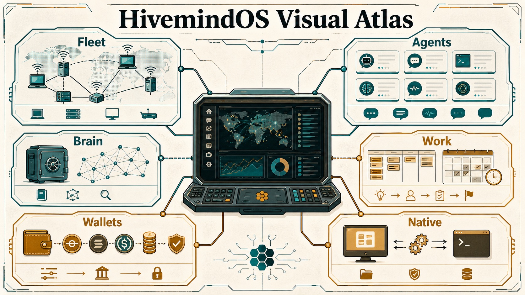 HivemindOS system map connecting Fleet, Agents, Brain, Work, Wallets, and the native app around the dashboard.