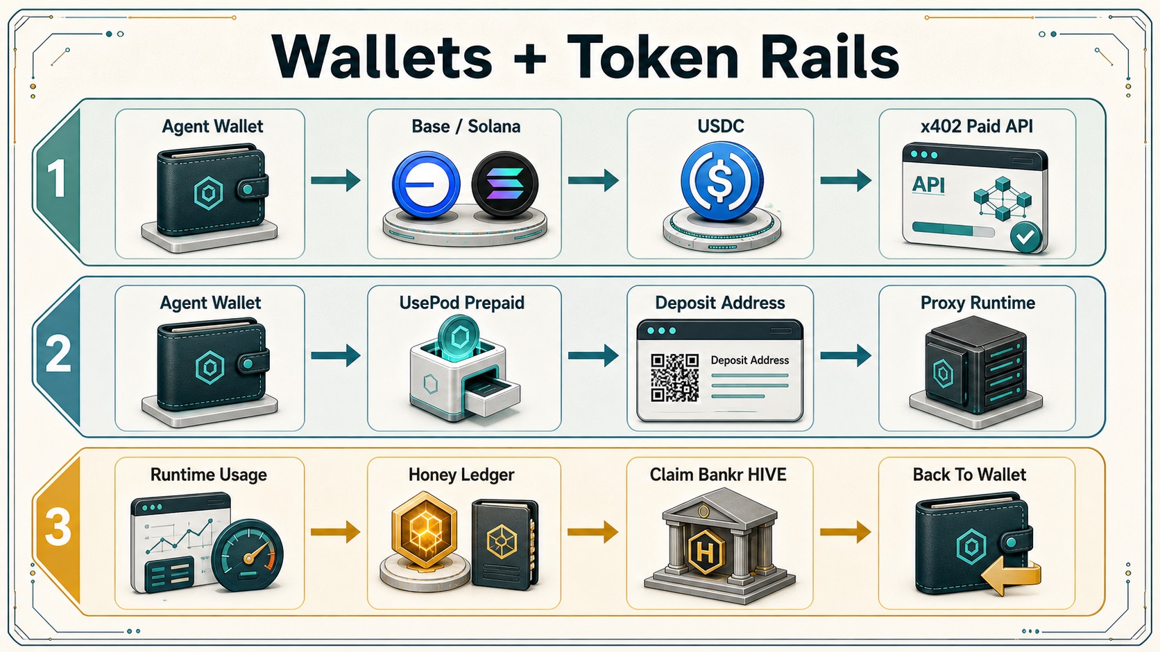 Legacy wallet and token rails infographic; current policy separates x402 payments, hosted Cloud credits, Honey contribution records, and optional HIVE paths.