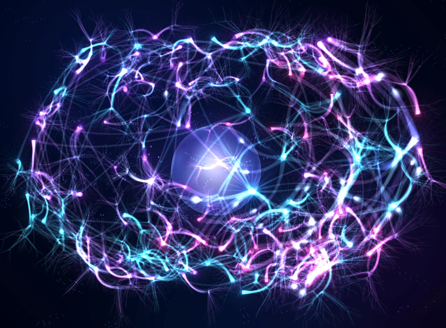 HivemindOS brain — a glowing cyan and magenta neural network surrounding a luminous core