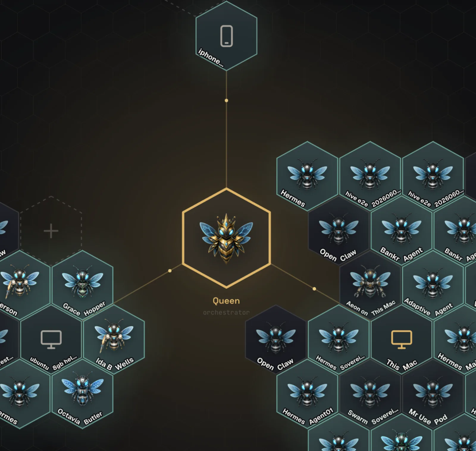 HivemindOS fleet hive — the Queen orchestrator at the center of hexagonal cells of agent bees across machines