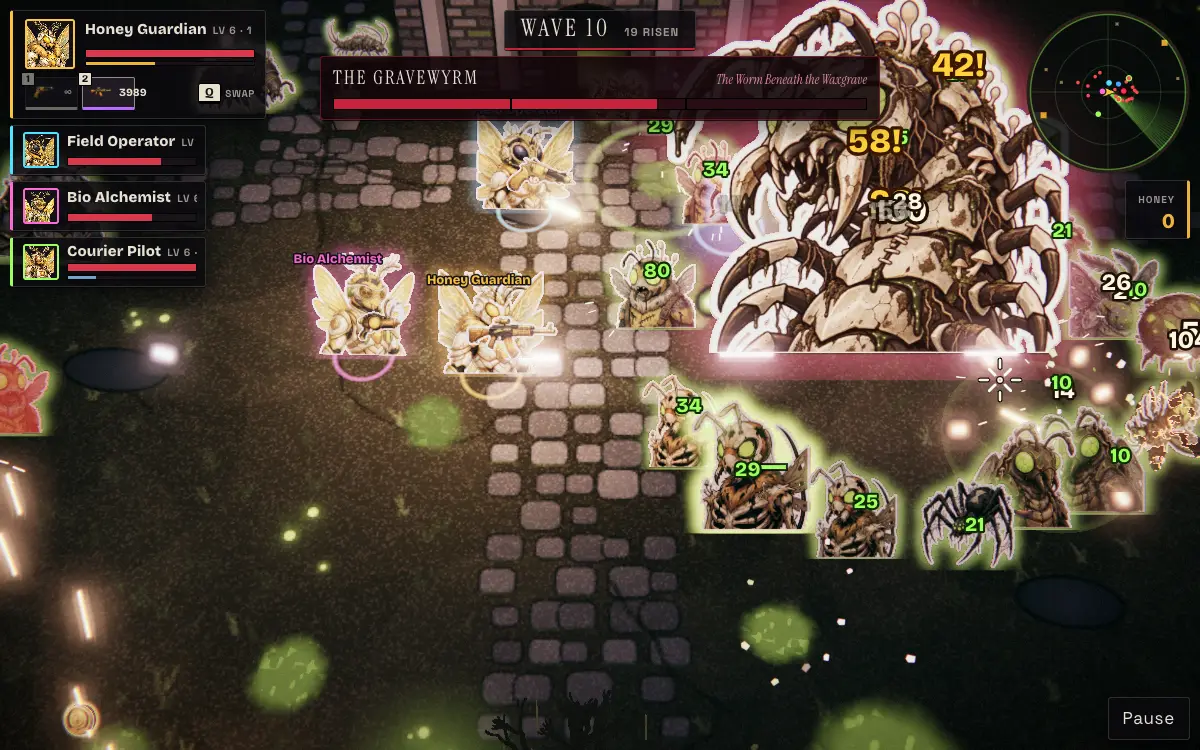 Night of the Living Drones: four bees holding off a wave of risen drones round a giant boss