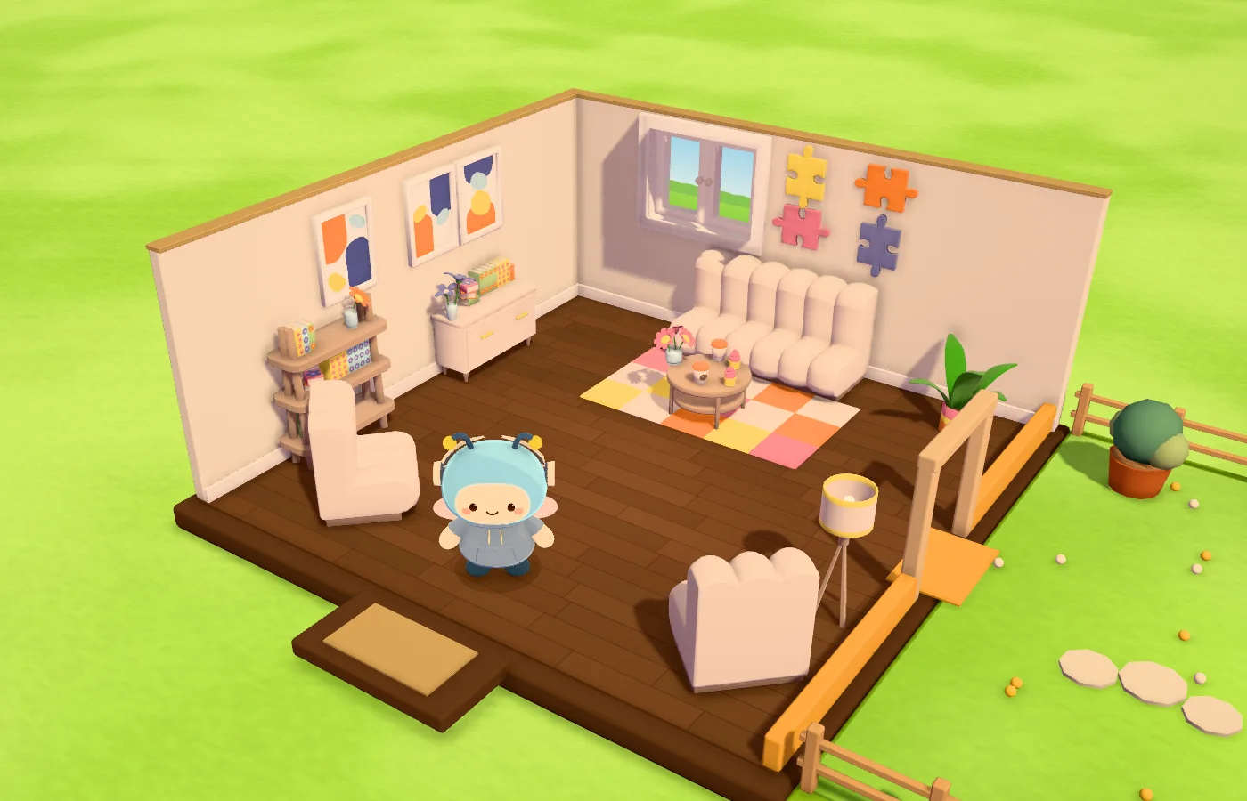 Inside a home furnished as a living room: a cream sofa against the wall with a coffee table on a bright rug in front of it, two armchairs, framed prints and puzzle-piece art on cream walls, a window looking out on the lawn, a sideboard, shelves and a floor lamp, with a bee standing on the dark wooden floor and clipped bushes in the garden outside