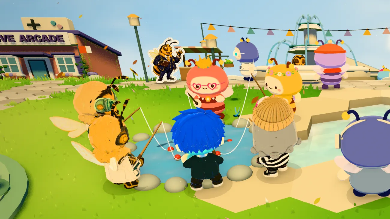NFT characters in town: a blue-haired boy, a striped character in a beanie and HivePunk bees fishing together at the pond