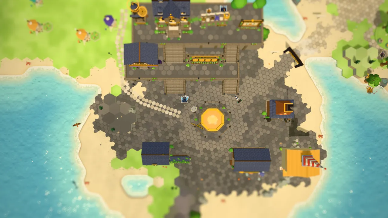The Hivepunk District from above: dark hex paving, a golden pot at the centre and black-roofed workshops between sandy beaches