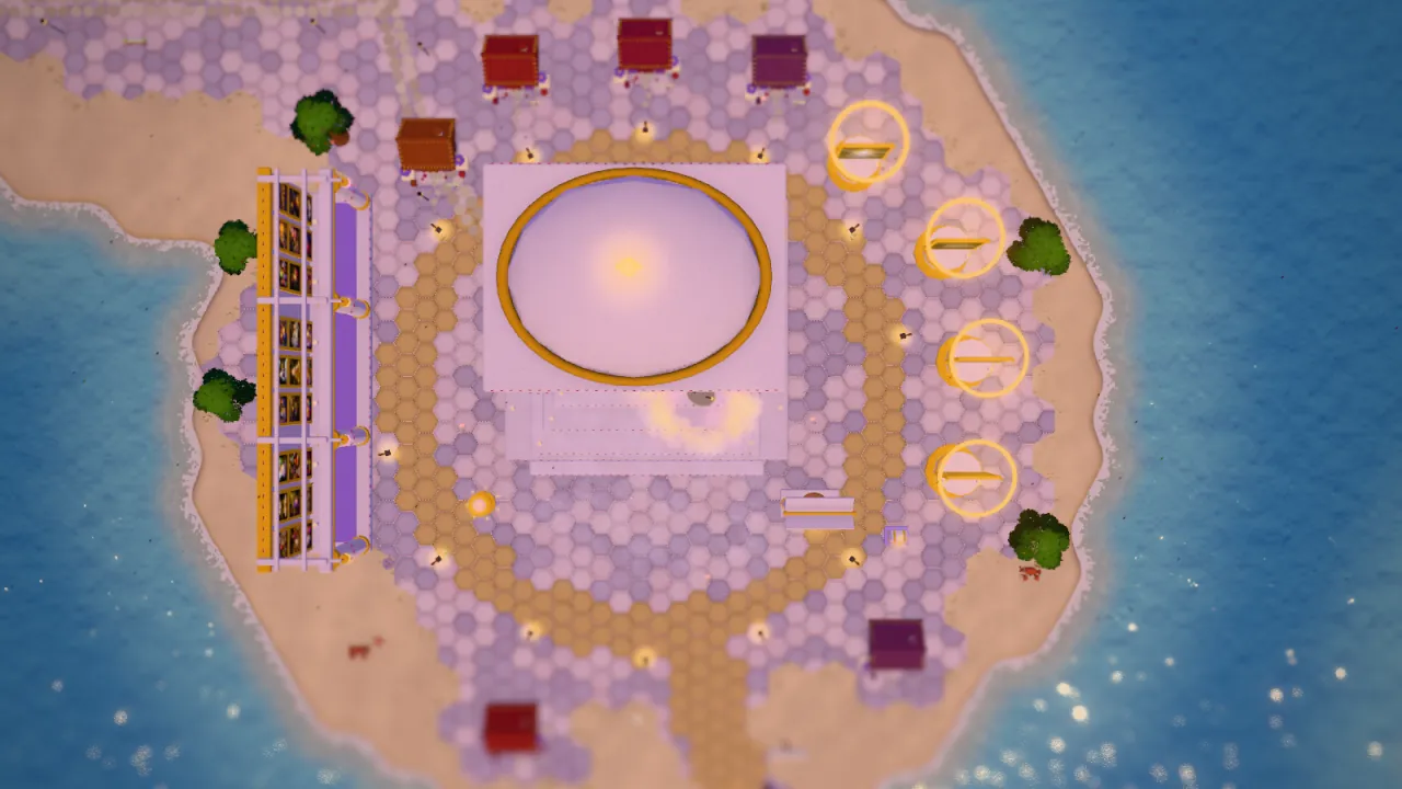 The Musegod Shrine from above: an island of lilac and gold hex paving round the domed shrine, the gallery's colonnade on one side and the sea all round