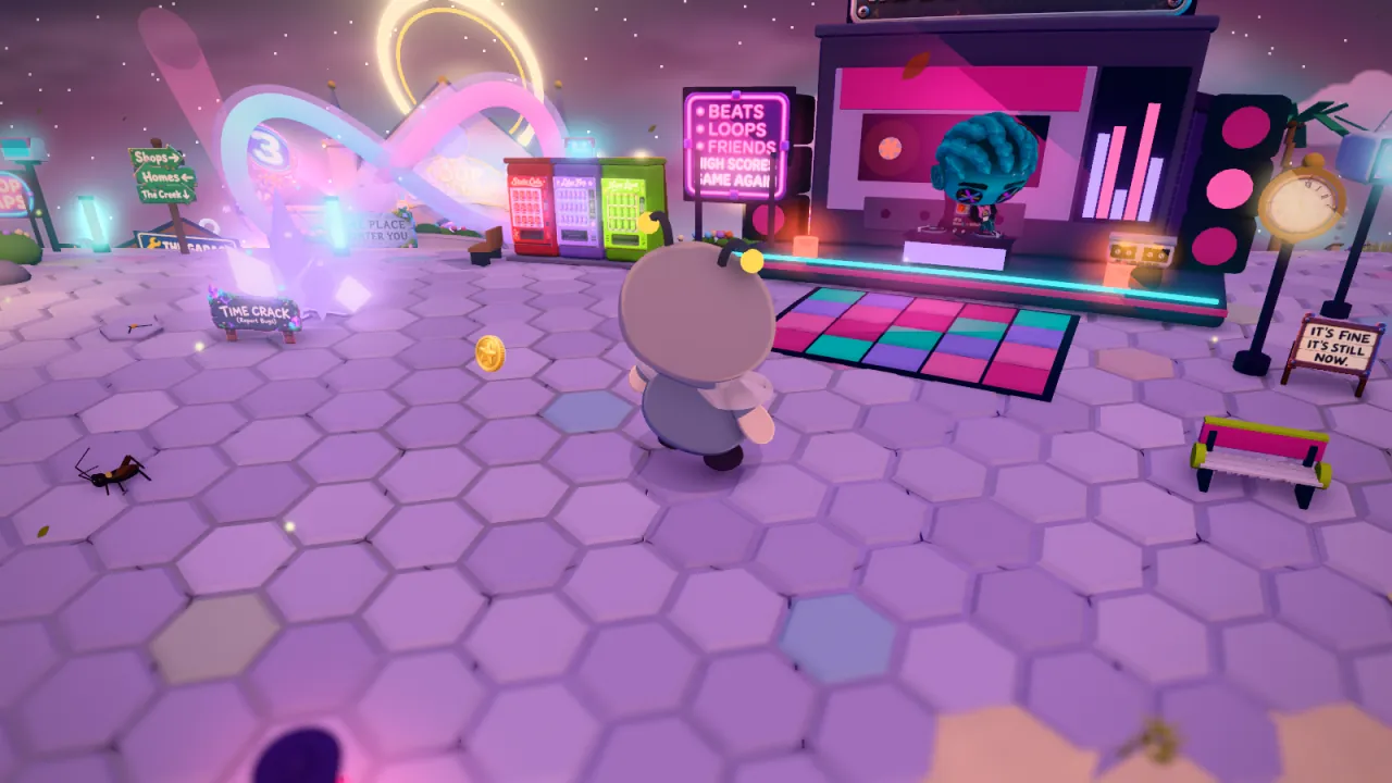 Loopback at night: a bee on lilac hex paving by a neon stage with a DJ, a dance floor and a sign reading Beats, Loops, Friends
