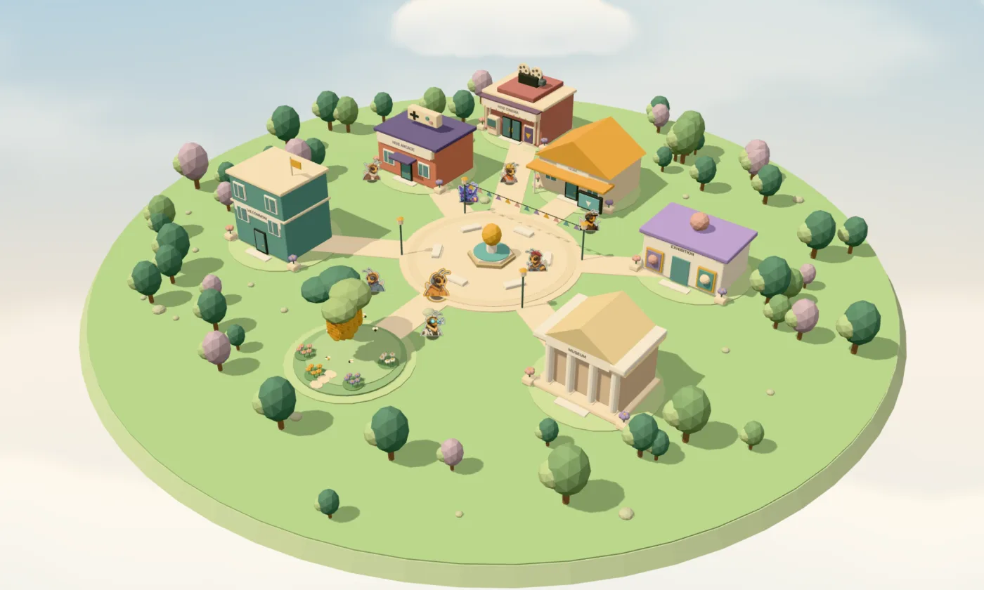 The HiveVerse town: a green island in the sky with a cinema, arcade, museum and bee garden