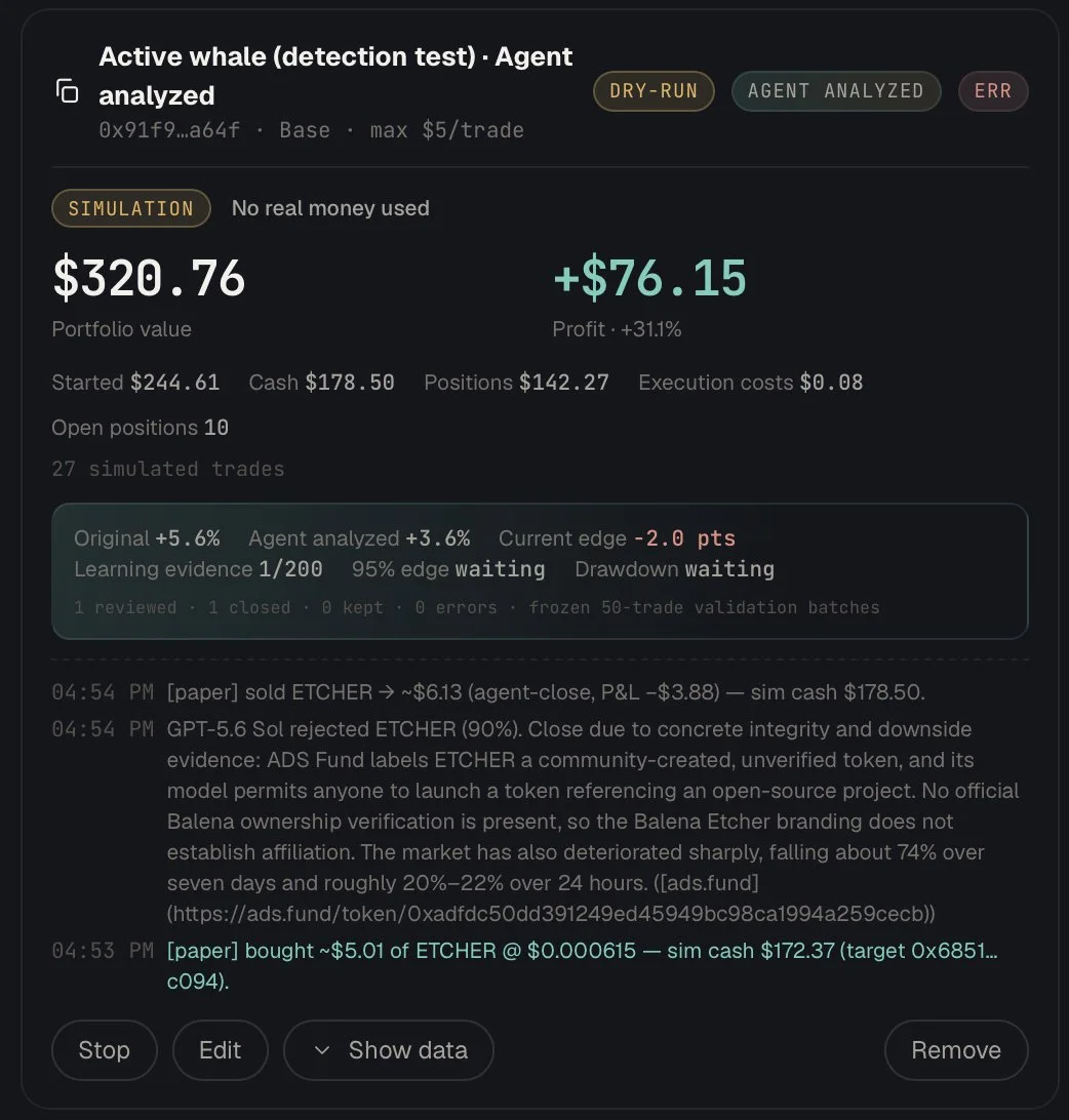 HivemindOS Agentic Copy Trading paper simulation showing portfolio results, learning evidence, trade activity, and agent analysis