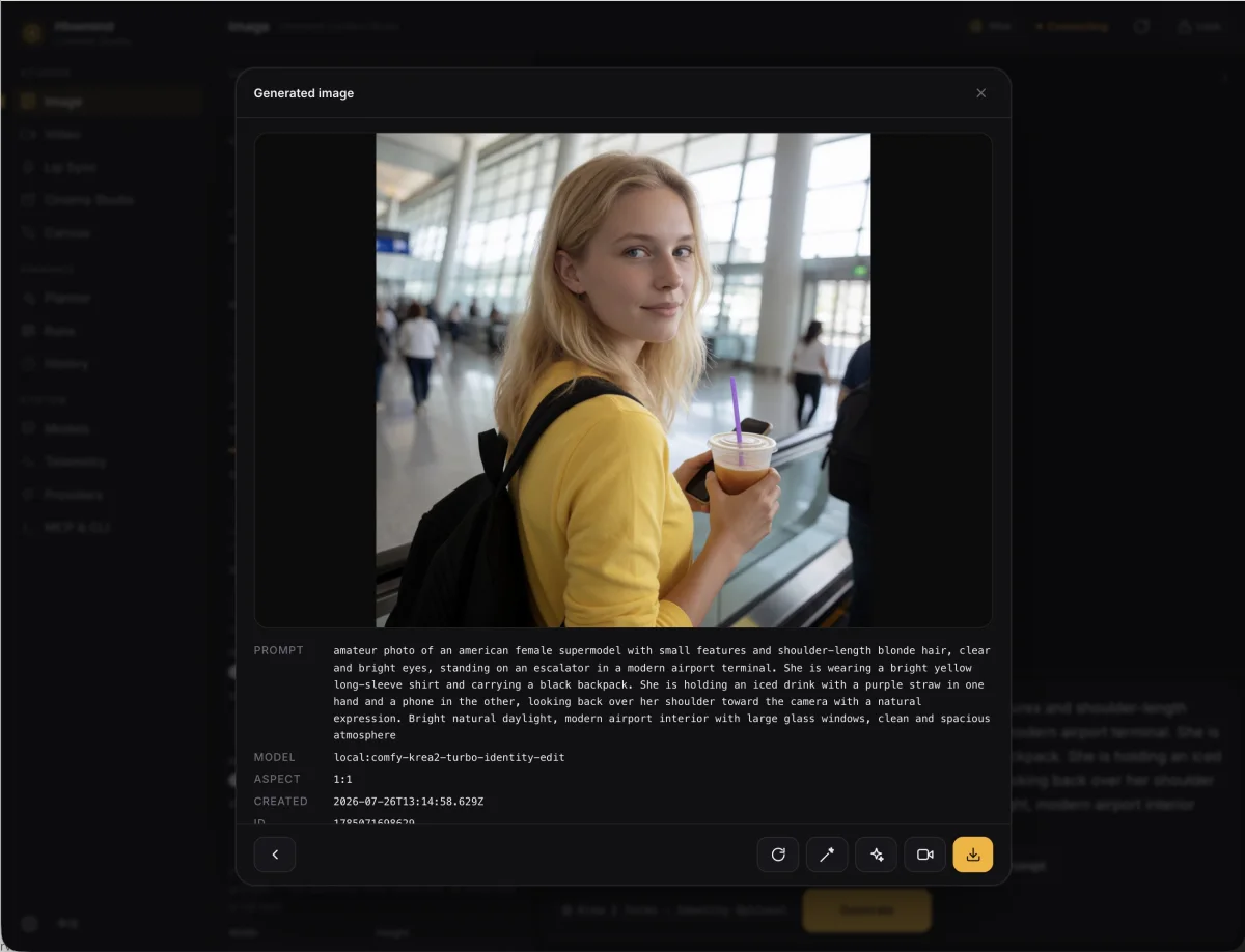 Hivemind Content Studio showing a generated image, its prompt, model details, and editing controls