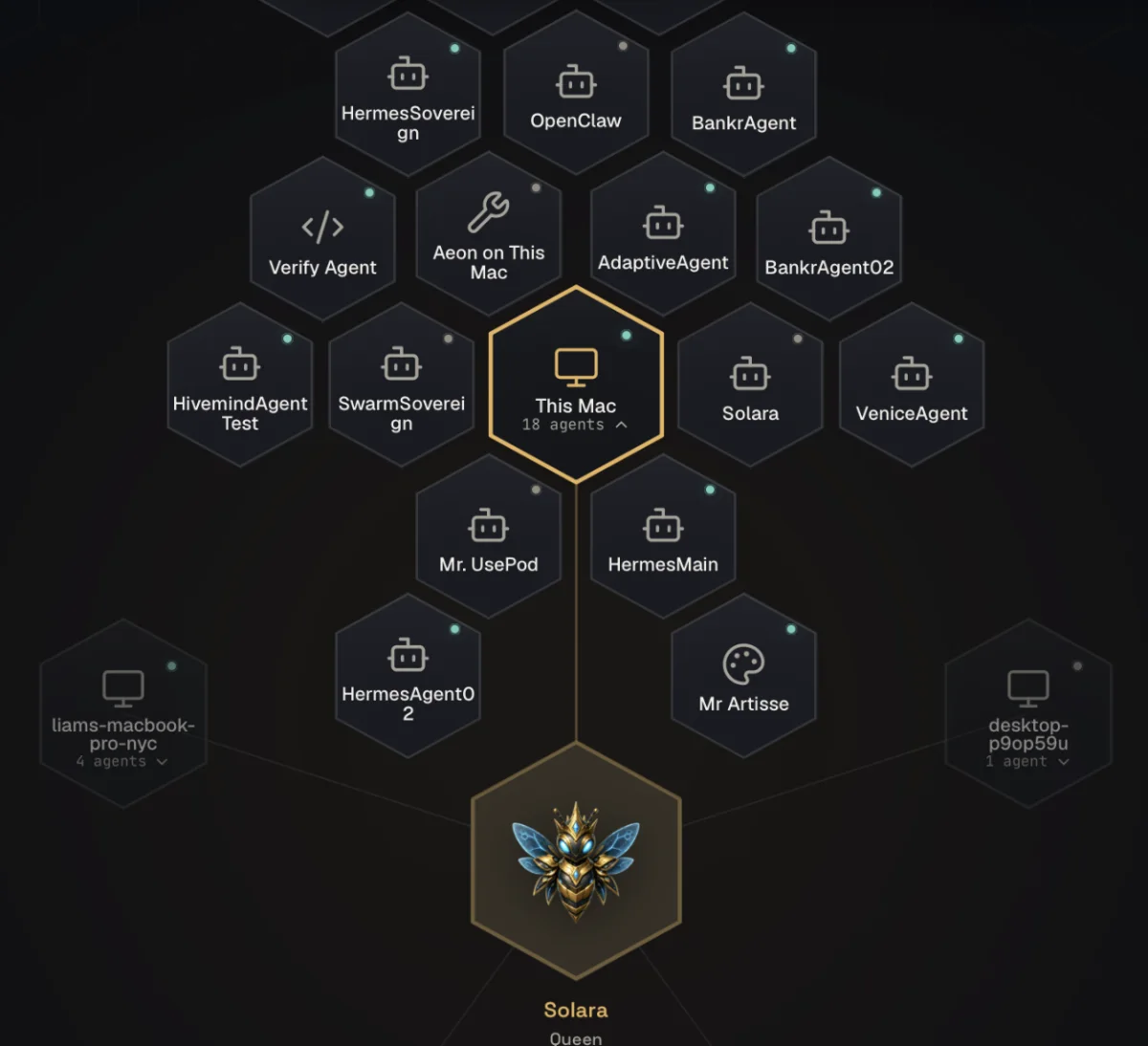 HivemindOS desktop fleet showing this Mac, connected agents, other computers, and the Solara Queen