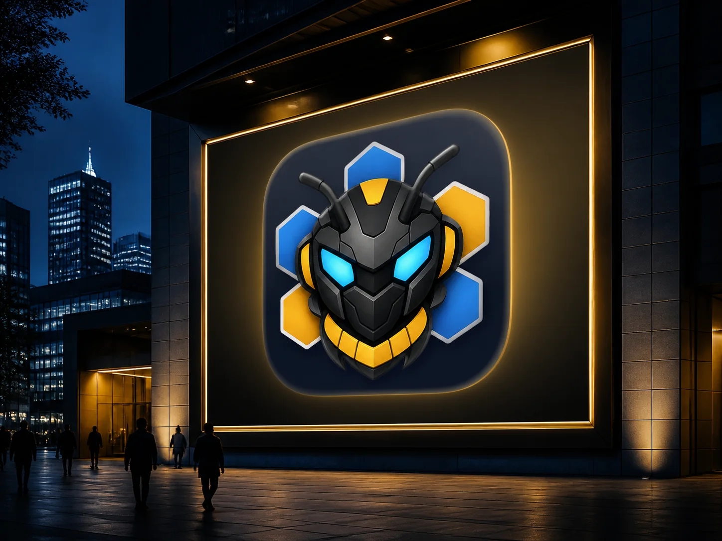 The HivemindOS armored-bee app icon presented as a large illuminated city campaign