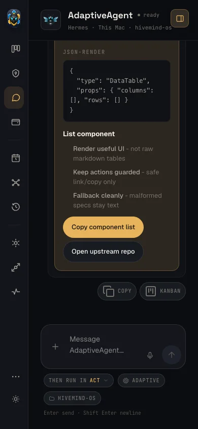 HivemindOS mobile chat with an agent and action controls