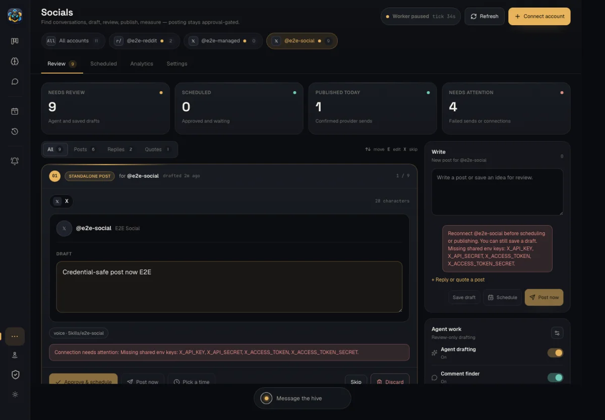 HivemindOS Socials Command Center showing account filters, the review queue, publishing controls, and agent work settings