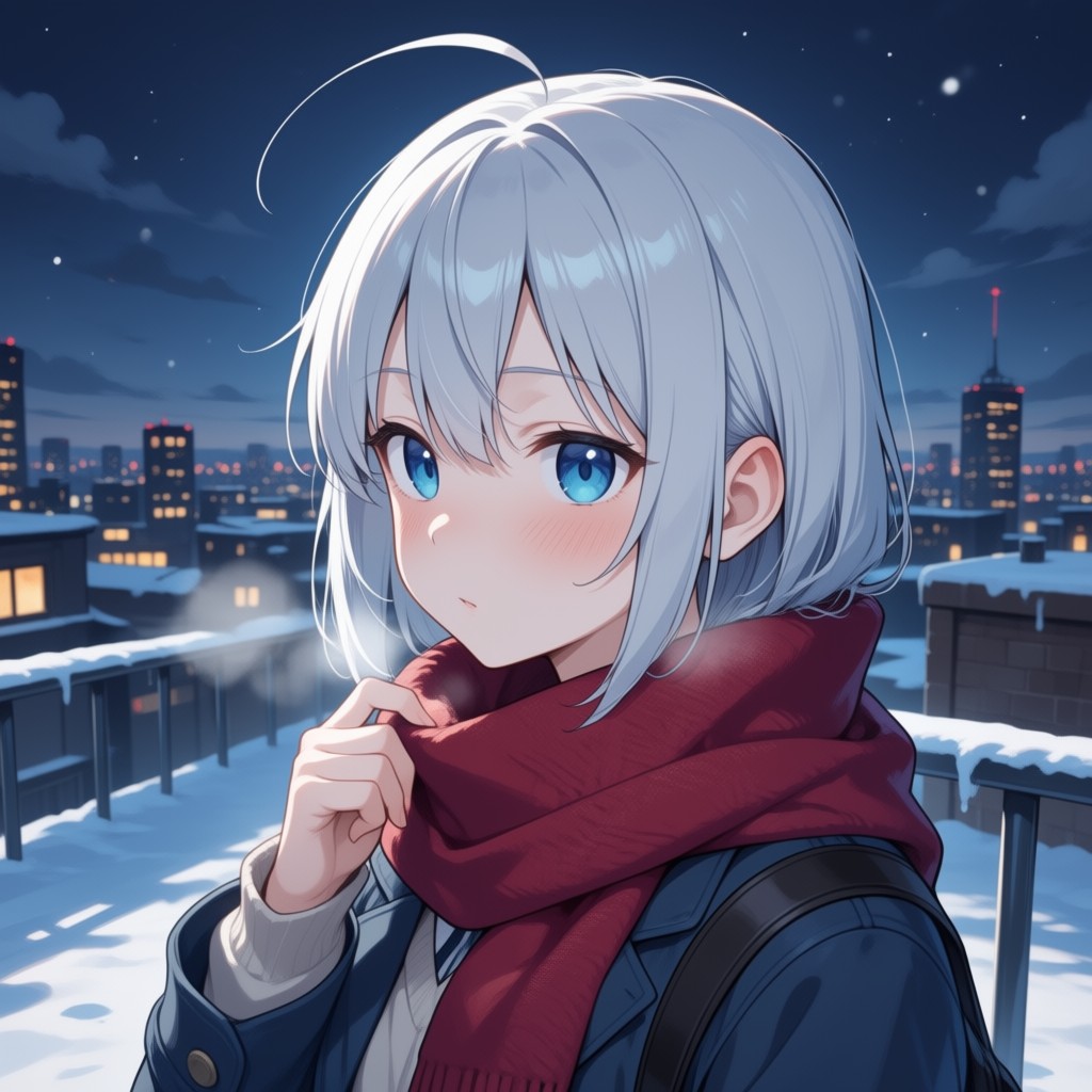 An anime girl standing on a rooftop at sunset
